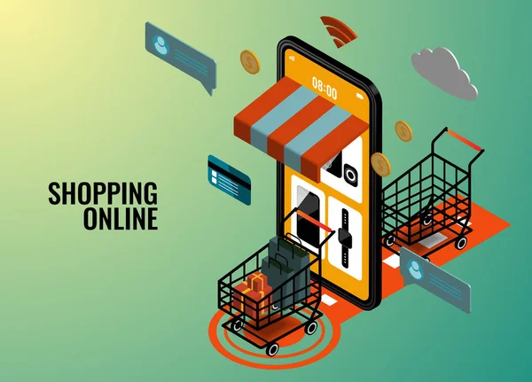 Shopping Online Mobil Applikation Isometrisk Konceptmarknadsföring Och Digital Marknadsföring Vektorillustration — Stock vektor