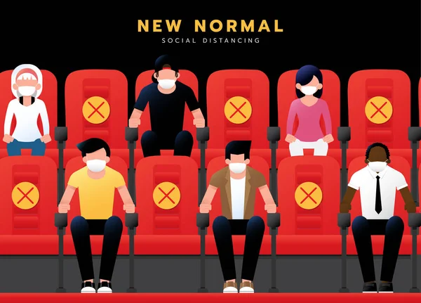 Yeni Normal Yaşam Tarzı Konsepti Sinema Salonundaki Sosyal Mesafeler Tıbbi — Stok Vektör