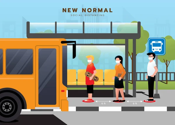 Nuevo Concepto Normal Gente Espera Cola Parada Autobús Instrucciones Seguridad — Vector de stock