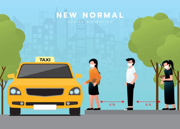 新的正常生活方式 在出租车排队时保持社会距离 乘客们彼此保持距离 并戴上医用面罩 在Corona病毒或Covid 19大流行之后 旅行和商务 矢量说明 — 图库矢量图片