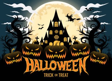 Cadılar Bayramı 'nda balkabağı ve büyük ay ile şeker ya da şaka. Cadı siluetinin süpürgeye bindiği arka plan, ölü ağaç ve yarasa. Mezarlarda haç var. vektör illüstrasyonu