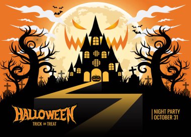 Cadılar Bayramı arka planında siluet kale, balkabağı, ölü ağaç, yarasa, mezarlarda haç ve korkunç büyük ay var. Gece partisi. 31 Ekim vektör illüstrasyonu