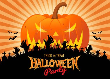 Cadılar Bayramı partisinde gözleri ışıldayan balkabaklarıyla turuncu arka planda zombi eli siluetleri mezardan çıkıyor yarasalar ve mezarın üzerinde haç var. vektör illüstrasyonu