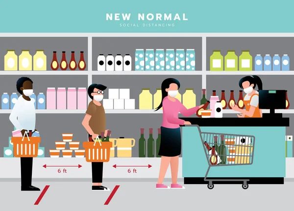 Nuovo Concetto Normale Distanza Sociale Supermercato Persone Attendono Fila Mantenere — Vettoriale Stock