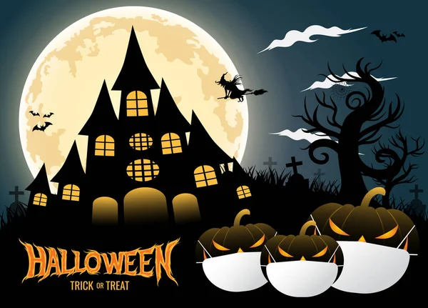 Truco Halloween Trato Con Calabazas Con Máscara Médica Fondo Con — Vector de stock