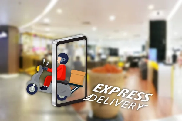 Snabb Leverans Man Genom Scooter Logistisk Matservice Med Smartphone App — Stockfoto