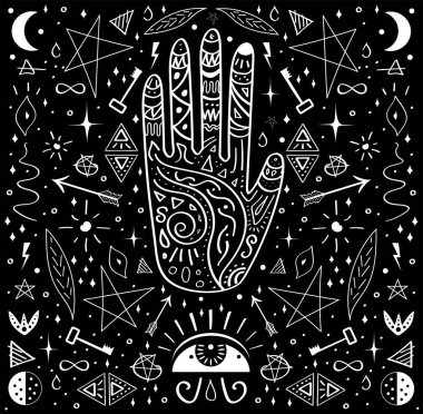 Black background occult pattern with mystical chalk signs, alchemy tattoo. Wizard or witch hand, pentagram, lightnings, spiritual keys and all-seeing eye. Black and white ink esoteric drawing texture.  clipart
