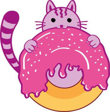 Şirin kedi ısırığı, pembe çörek. Pastanesi jöleli çizgi film karakteri. Vektör illüstrasyonu.