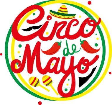 Cinco de Mayo geleneksel Meksika Tatil Fiesta şapkası marakas harfleri. Kırmızı, yeşil ve sarı vektör çizimi