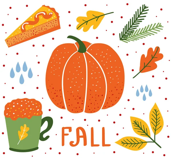 Fall Staff Pumpkin Pie Oak Leaves Raindrops Hot Coffee Harvest — Stock Vector