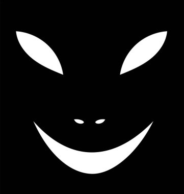 Cadılar Bayramı için korkunç yüz afişi. Şeytani gözlü ve korkunç gülümseyen, siyah arka plandaki kâbus yaratığı. Şakacı ya da şeytan portresi. Vektör illüstrasyonu. 