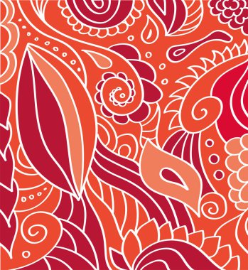 Kırmızı soyut çiçek süsü. Çiçekli, spiralli ve dalgalı oryantal karalama deseni. Etnik vektör illüstrasyonu. 