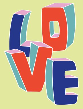 3D kırmızı ve mavi harfler aşk. Yaratıcı tipografi konsepti, dönüşümlü renkli semboller. Vektör illüstrasyonu.