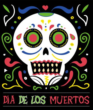 Dia de los Muertos dekoratif şeker kafatası posteri. Siyah arka planda çiçeklerle süslenmiş cadılar bayramı kemik kafası. Geleneksel Meksika bayrağı. Vintage vektör illüstrasyonu. 