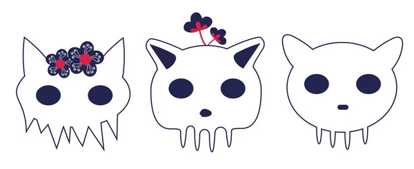 Conjunto Desenho Animado Açúcar Crânio Gato Para Halloween Fantasma Gatinho — Vetor de Stock