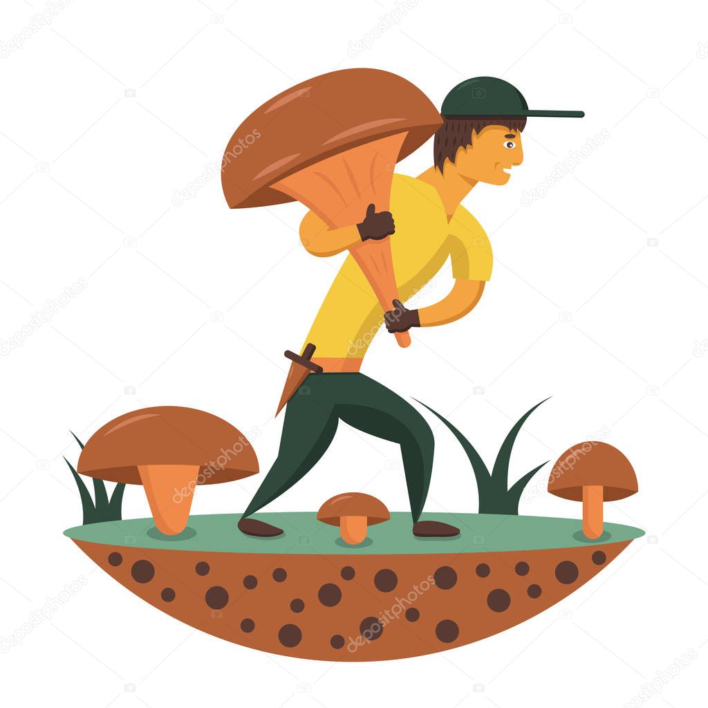 mushroomer with a large mushroom walking along the glade