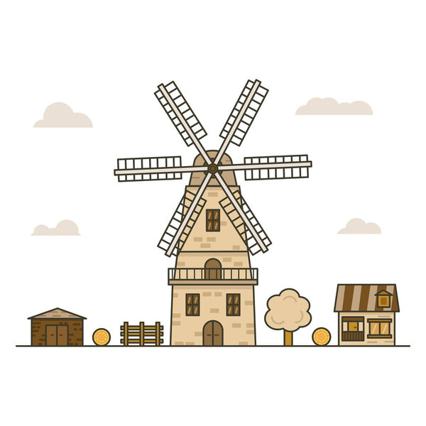 the wind mill is surrounded by buildings and a tree and a fence on white backgroun