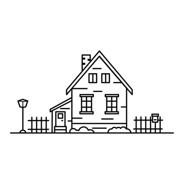 beyaz bir arka plan üzerinde doğrusal bir tarzda bir çit çevrili ev