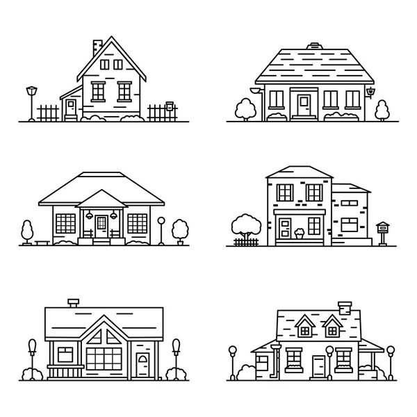 Beyaz arka plan üzerinde lineer tarzda 6 evlerin kümesi 