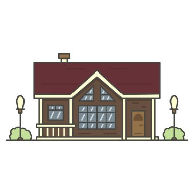 Beyaz arka plan üzerinde iki fener çevrili kahverengi ev