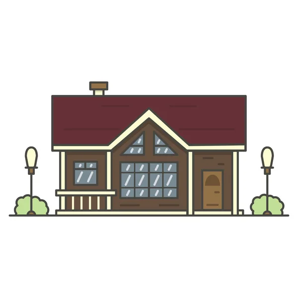 Casa Marrone Circondata Due Lanterne Sfondo Bianco — Vettoriale Stock
