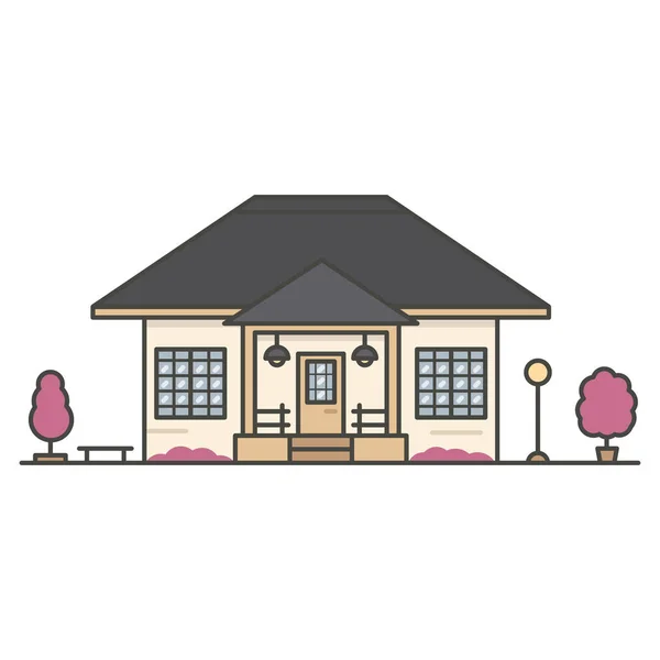 Casa Circondata Due Alberi Rosa Sfondo Bianco — Vettoriale Stock