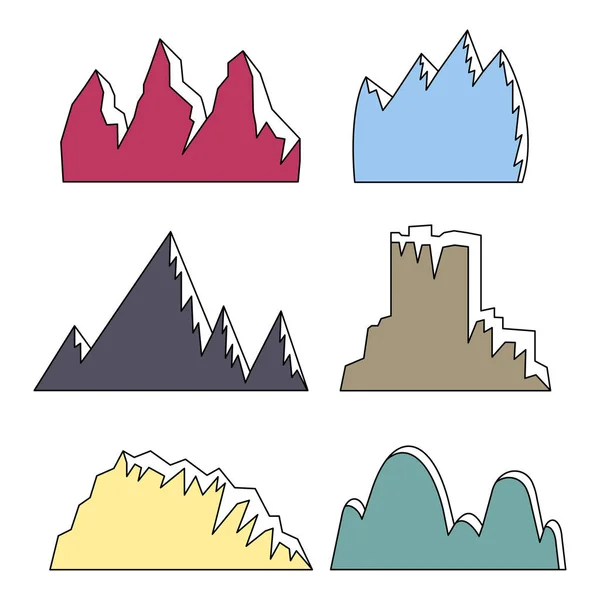 Conjunto Montañas Colores Con Picos Nevados Sobre Fondo Blanco — Vector de stock