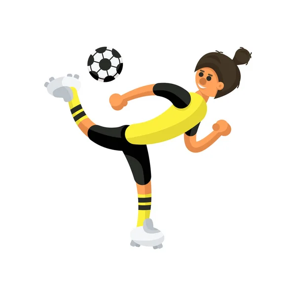 身穿黄色和黑色制服的足球运动员在白色背景上打球 在足球中踢蝎子 — 图库矢量图片