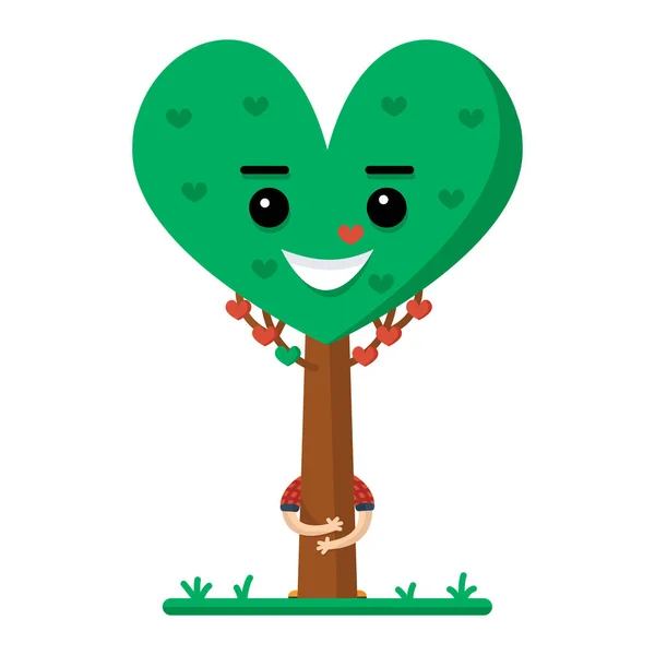 Hombre abrazando un árbol verde en forma de corazón — Vector de stock