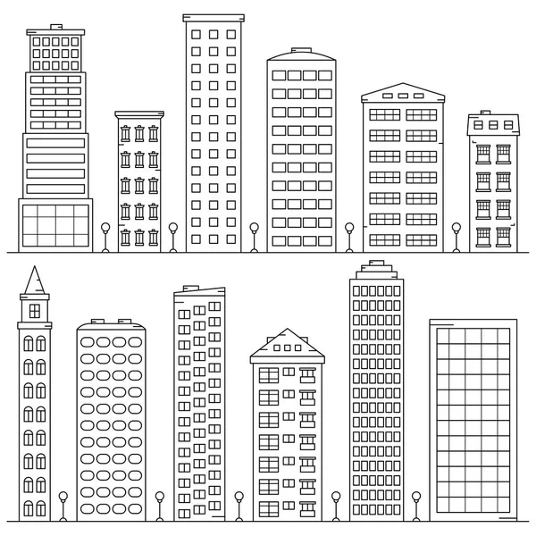 Conjunto de edificios de gran altura en un estilo lineal — Vector de stock