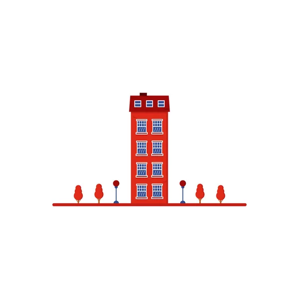 Piso edificio rojo de 4 plantas — Vector de stock