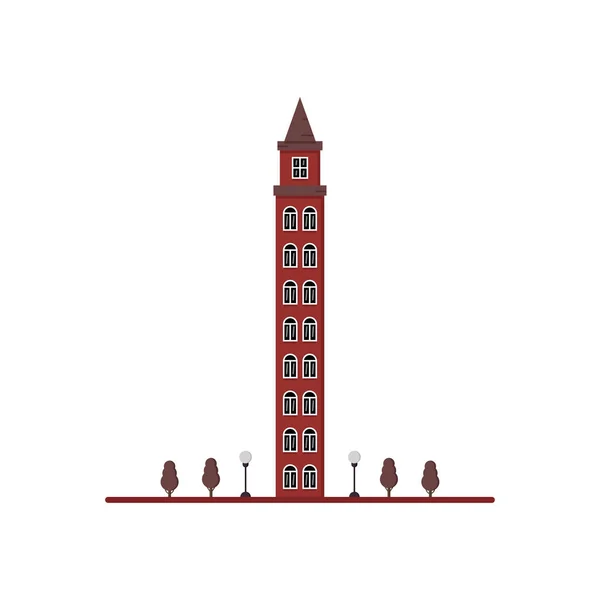 Piso rojo edificio de gran altura de 9 plantas en forma de castillo — Vector de stock