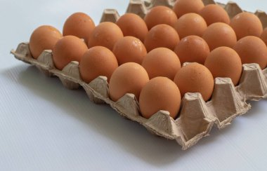 Beyaz plastik tahtada kağıt tepside yumurtalar 