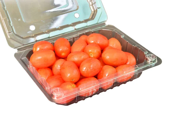 Tomates Embalaje Plástico Colocado Sobre Fondo Blanco — Foto de Stock