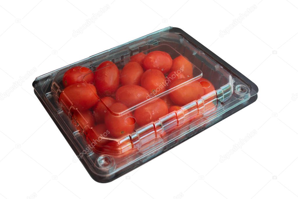 Tomatoes in plastic packaging placed on a white background