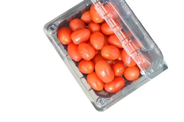 Tomates Embalaje Plástico Colocado Sobre Fondo Blanco — Foto de Stock