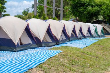 Turistlerin kamp alanında bir araya getirdiği bir sürü çadır..