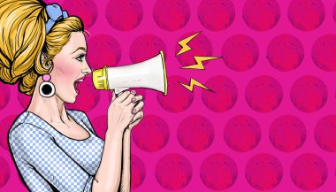 Pop art girl with megaphone. Woman with loudspeaker. Advertising poster with lady announcing discount or sale.  clipart