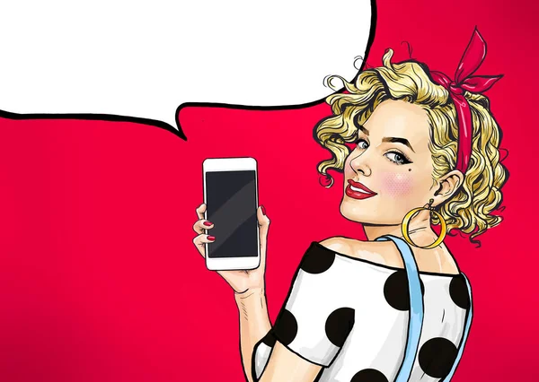 Attractive sexy girl in with phone in the hand in comic style. Woman holding smartphone. Digital advertisement female model showing the message or new app on cellphone. — Stock Image Attractive Sexy Girl Phone Hand Comic Style Woman Holding Smartphone Royalty Free Stock Photos