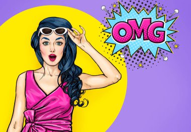 Sürpriz genç seksi kadın güneş gözlüğü çizgi roman tarzı açık ağızlı. OMG söz hayran adı ne? Pop Art kız şok yüz.  