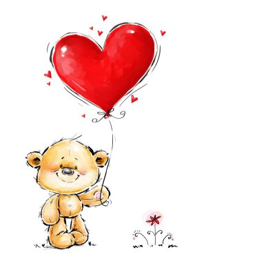 Cute Teddy Bear in love with big red heart balloon. Valentines day postcard design. Romantic confession illustration