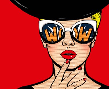 Pop art thinking woman in black hat in glasses.Wow female face.Saxy amazed yong girl with open mouth