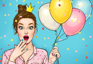 Genç kadın renkli balonlarla ve kafasında bir prenses tacı şaşırttı. Kadın hayran moda. Parti davetiyesi. Doğum günün kutlu olsun
