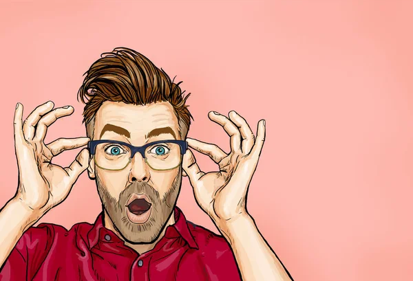 Portrait Man Glasses Says Wow Open Mouth See Something Unexpected — Stock Photo, Image