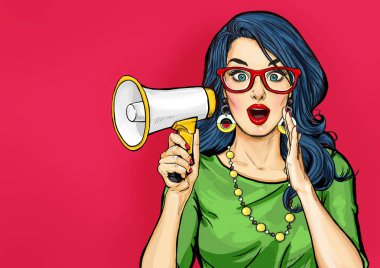 Amazed Pop art girl in glasses with megaphone saying something. Woman with loudspeaker. Advertising poster with lady announcing discount or sale. 