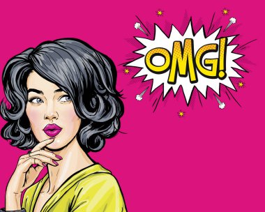 Genç seksi kadın kabarcık bakarak düşünme. Pop Art kız düşünce ve yüzüne yakın el tutarak. Şaşırmış bayan thinkihn Omg.
