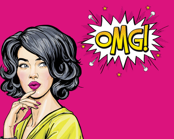 Thinking young sexy woman looking up on  bubble.Pop Art girl is thought and holding hand near the face. Amazed lady thinkihn OMG.