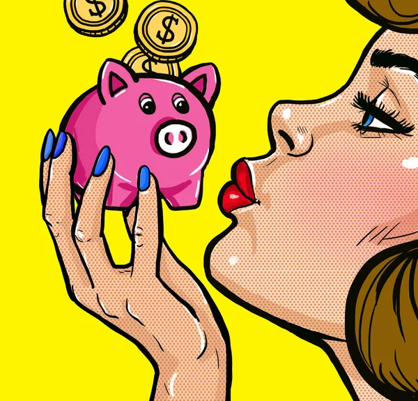 Woman kissing a piggy bank in Pop Art style. Vintage girl with the money