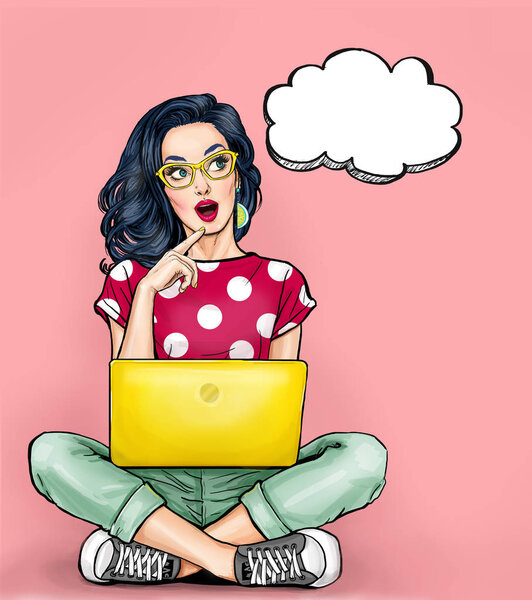 Thinking young sexy woman with open mouth looking up on empty bubble sitting with laptop.Pop Art girl is thought and holding hand near the face