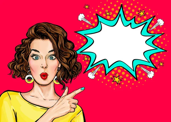 Pop Art kadın sürpriz gösteren ürün. Güzel kız balonu üzerinde işaret eden kıvırcık saçlı. Ürün sunmak. Etkileyici yüz ifadeleri
